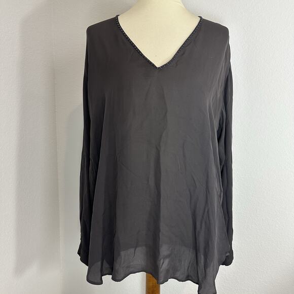 Vince Silk Tunic Blouse Large Long Sleeve V-Neck Top Minimalist Chic Grey Beaded - Picture 10 of 12